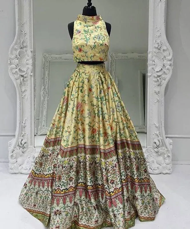 2 Pieces Floral Print Long Prom Dress 2017