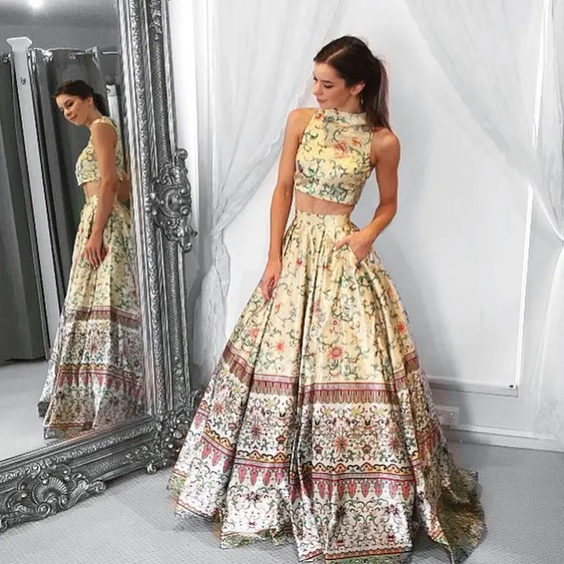 2 Pieces Floral Print Long Prom Dress 2017