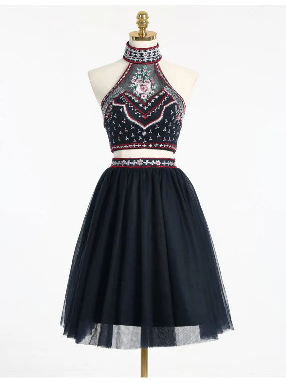 2017 Twp-piece A-line Appliqued High-neck Homecoming Dress