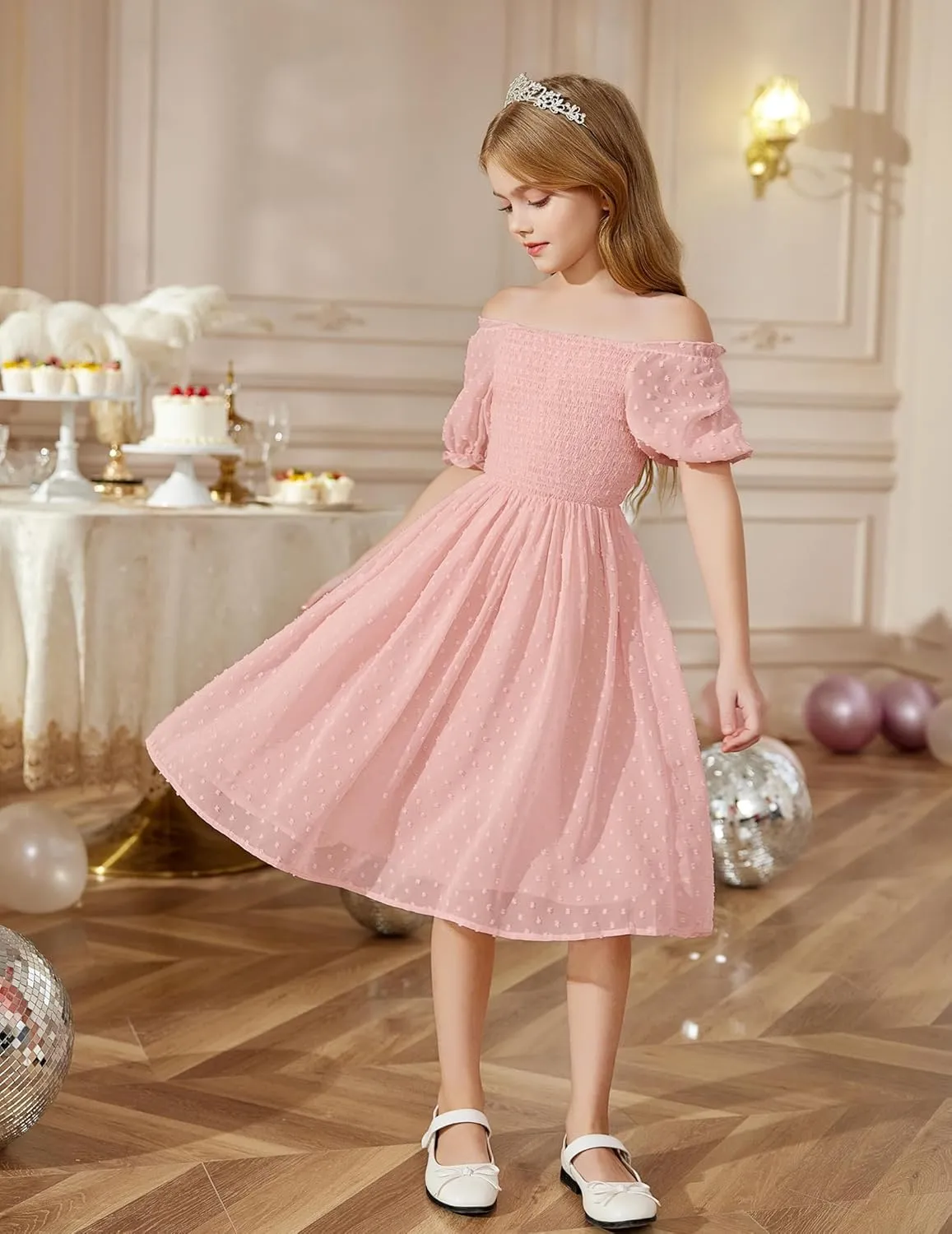 Arshiner Girls Swiss Dot Chiffon Dress Puffy Sleeve Flowy Midi Dresses