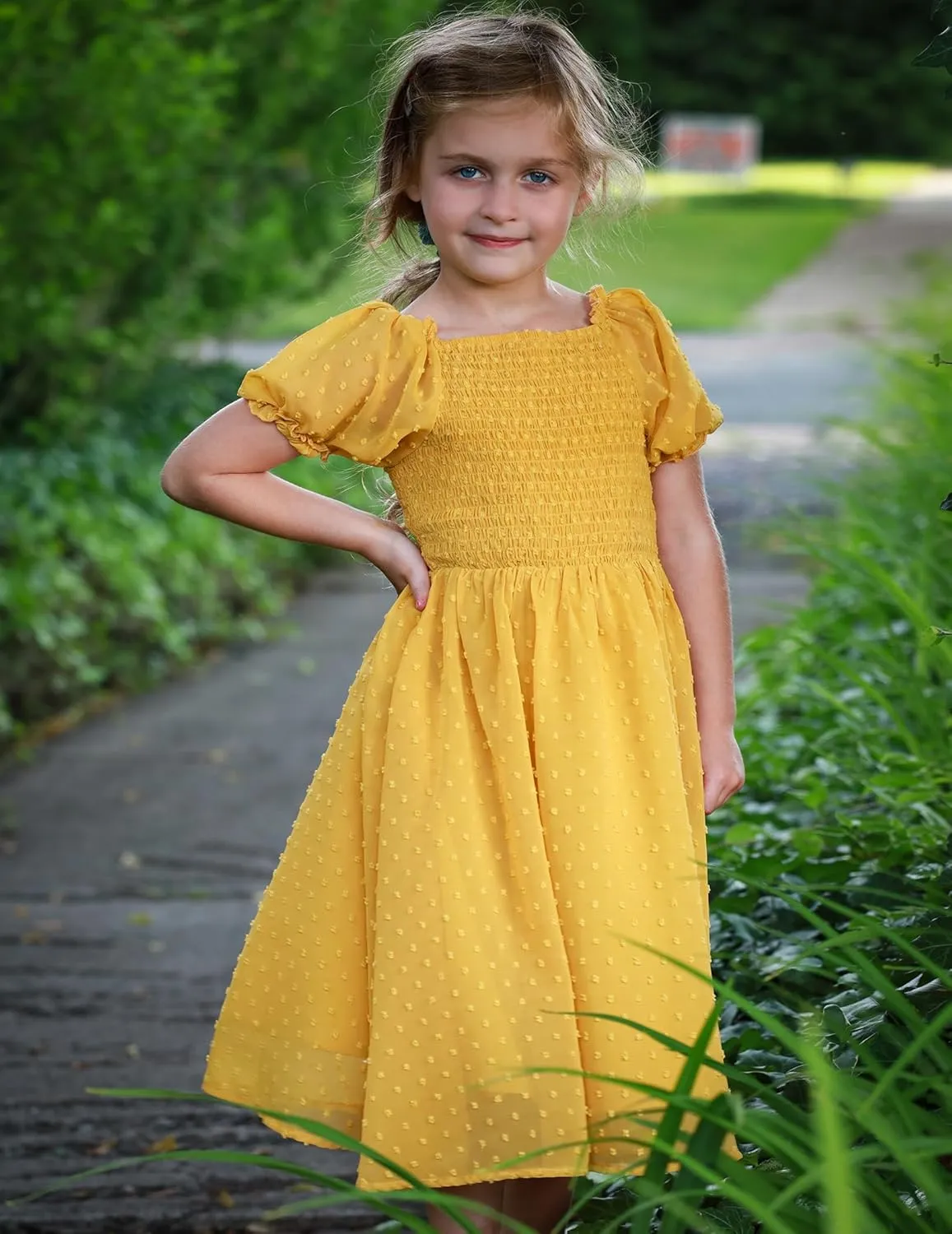 Arshiner Girls Swiss Dot Chiffon Dress Puffy Sleeve Flowy Midi Dresses