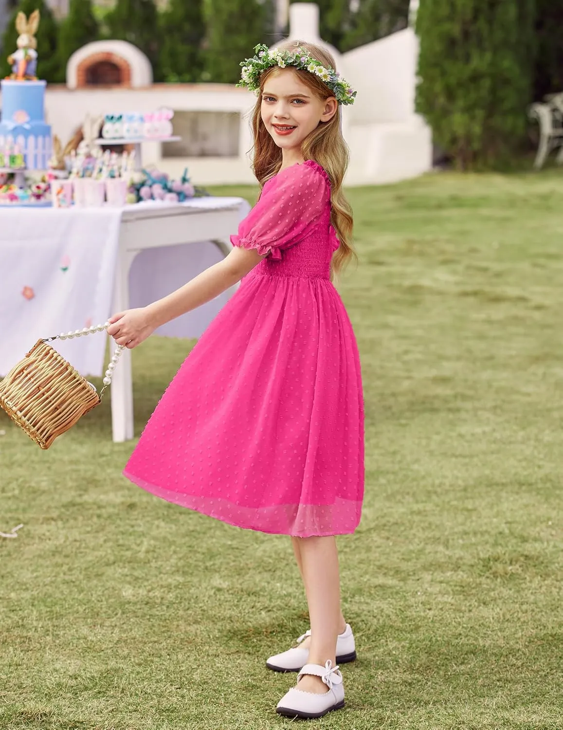 Arshiner Girls Swiss Dot Chiffon Dress Puffy Sleeve Flowy Midi Dresses