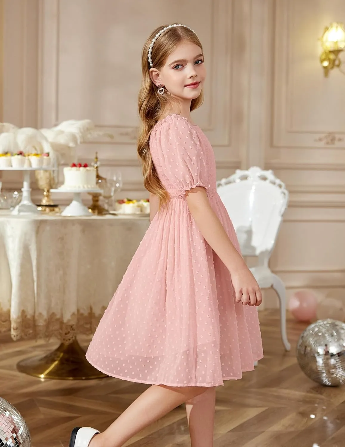 Arshiner Girls Swiss Dot Chiffon Dress Puffy Sleeve Flowy Midi Dresses