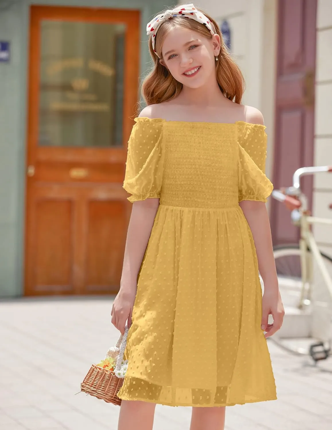 Arshiner Girls Swiss Dot Chiffon Dress Puffy Sleeve Flowy Midi Dresses
