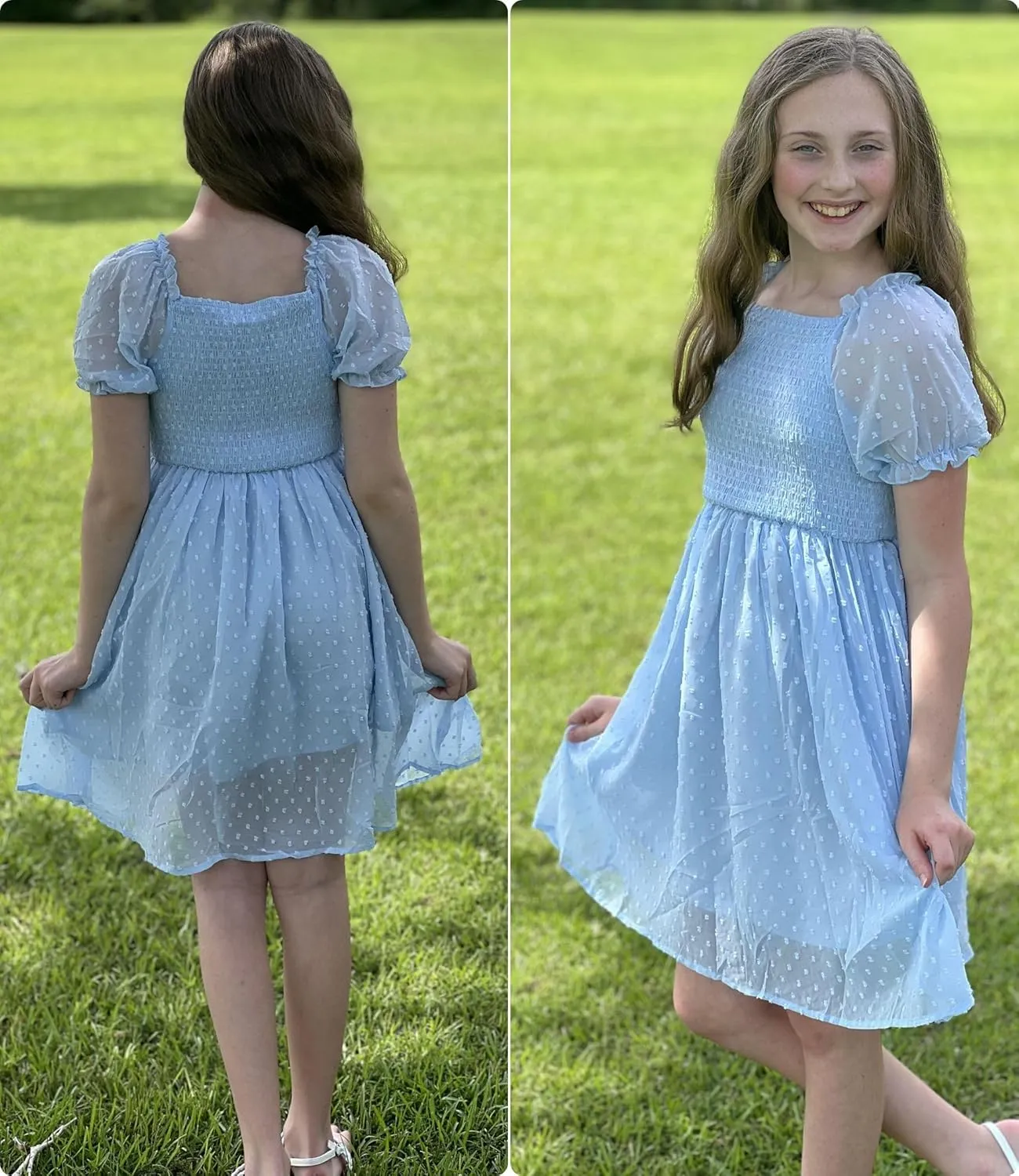Arshiner Girls Swiss Dot Chiffon Dress Puffy Sleeve Flowy Midi Dresses