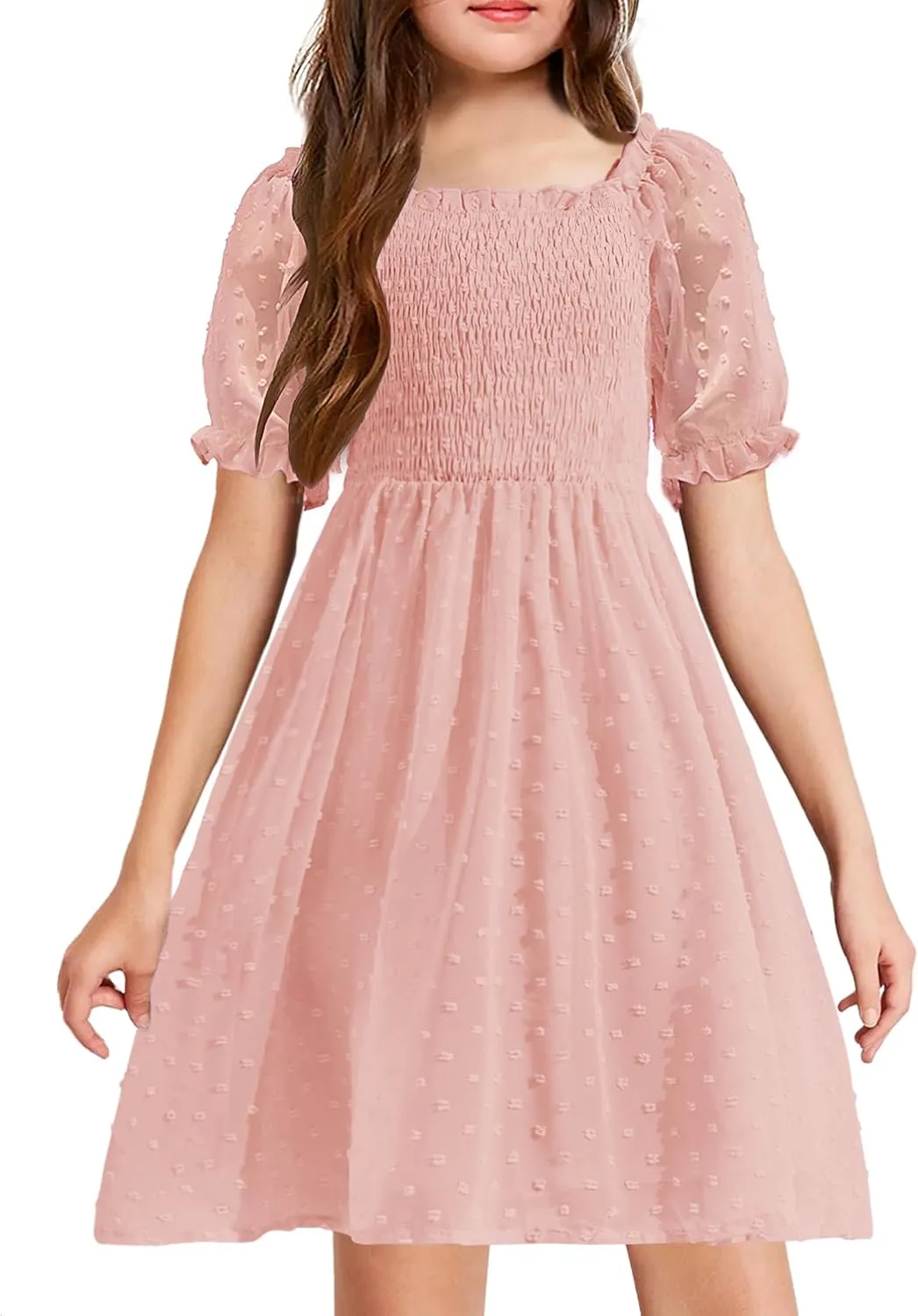 Arshiner Girls Swiss Dot Chiffon Dress Puffy Sleeve Flowy Midi Dresses