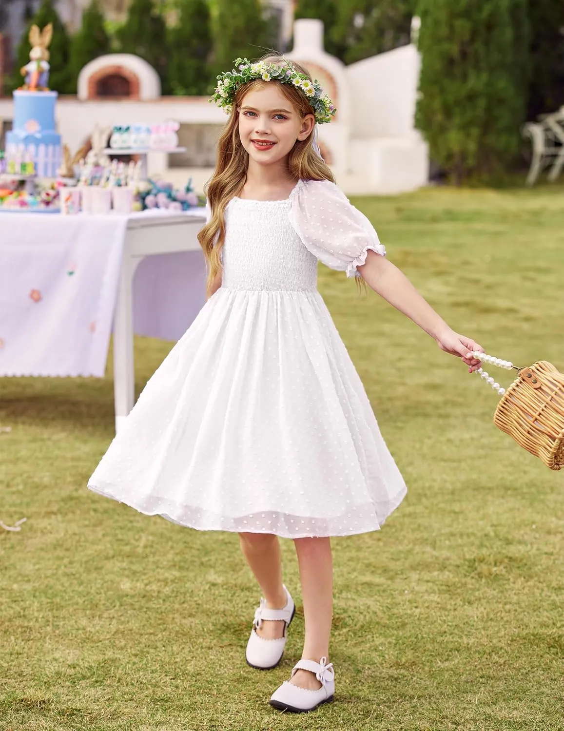 Arshiner Girls Swiss Dot Chiffon Dress Puffy Sleeve Flowy Midi Dresses