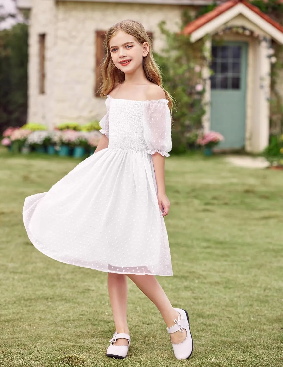 Arshiner Girls Swiss Dot Chiffon Dress Puffy Sleeve Flowy Midi Dresses