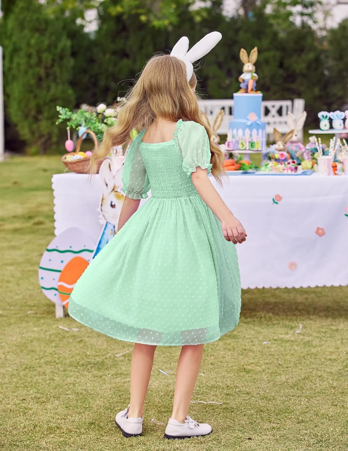 Arshiner Girls Swiss Dot Chiffon Dress Puffy Sleeve Flowy Midi Dresses