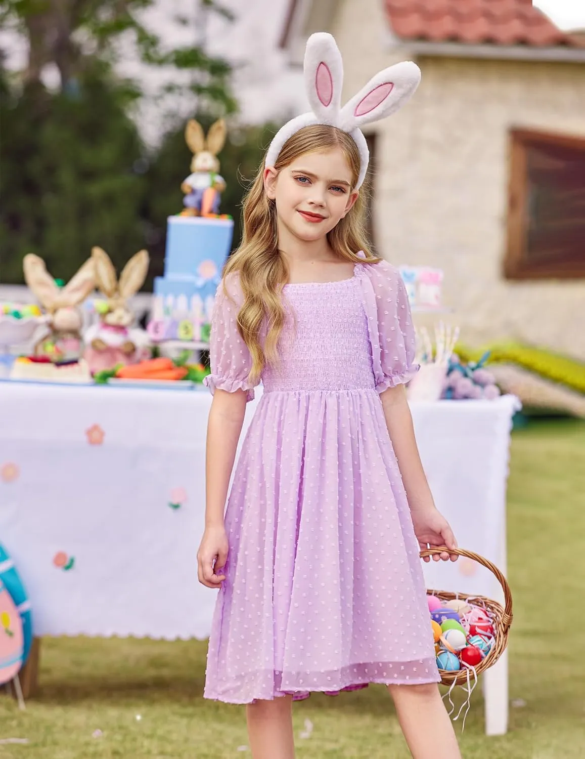 Arshiner Girls Swiss Dot Chiffon Dress Puffy Sleeve Flowy Midi Dresses