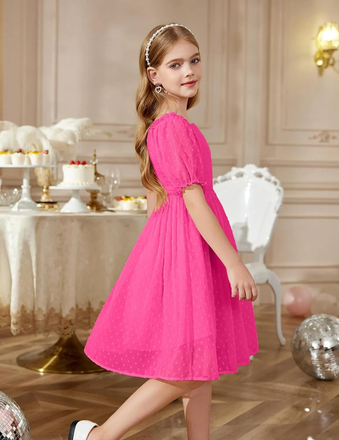 Arshiner Girls Swiss Dot Chiffon Dress Puffy Sleeve Flowy Midi Dresses
