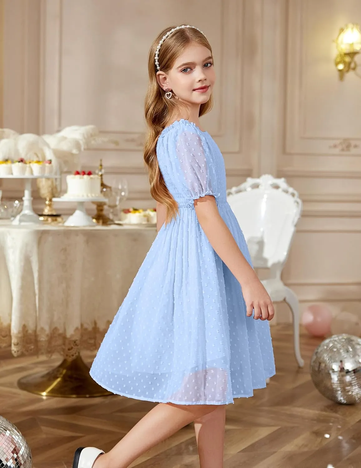 Arshiner Girls Swiss Dot Chiffon Dress Puffy Sleeve Flowy Midi Dresses