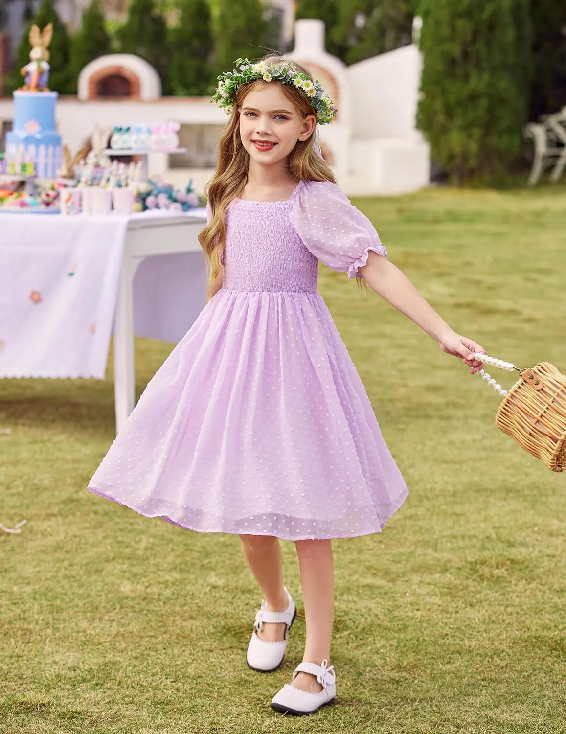 Arshiner Girls Swiss Dot Chiffon Dress Puffy Sleeve Flowy Midi Dresses