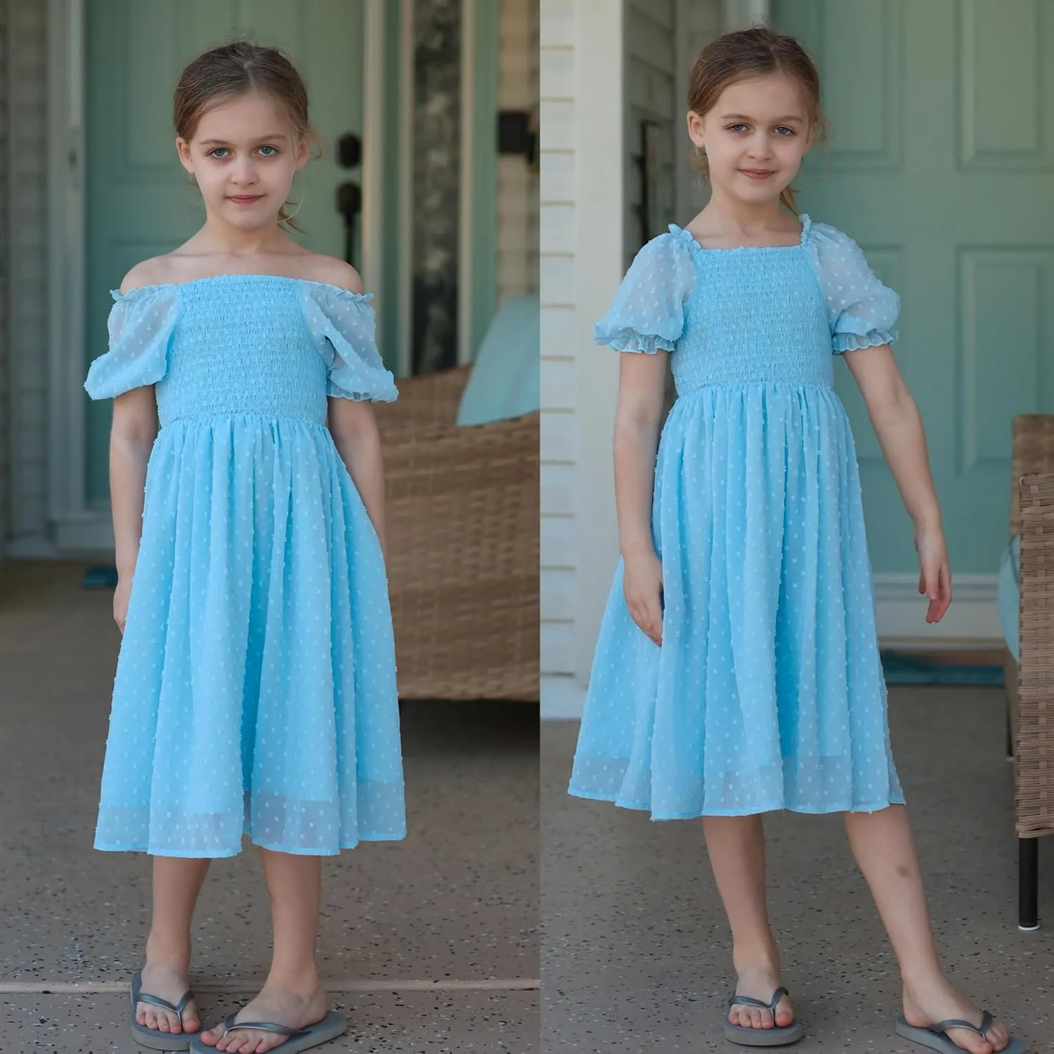 Arshiner Girls Swiss Dot Chiffon Dress Puffy Sleeve Flowy Midi Dresses