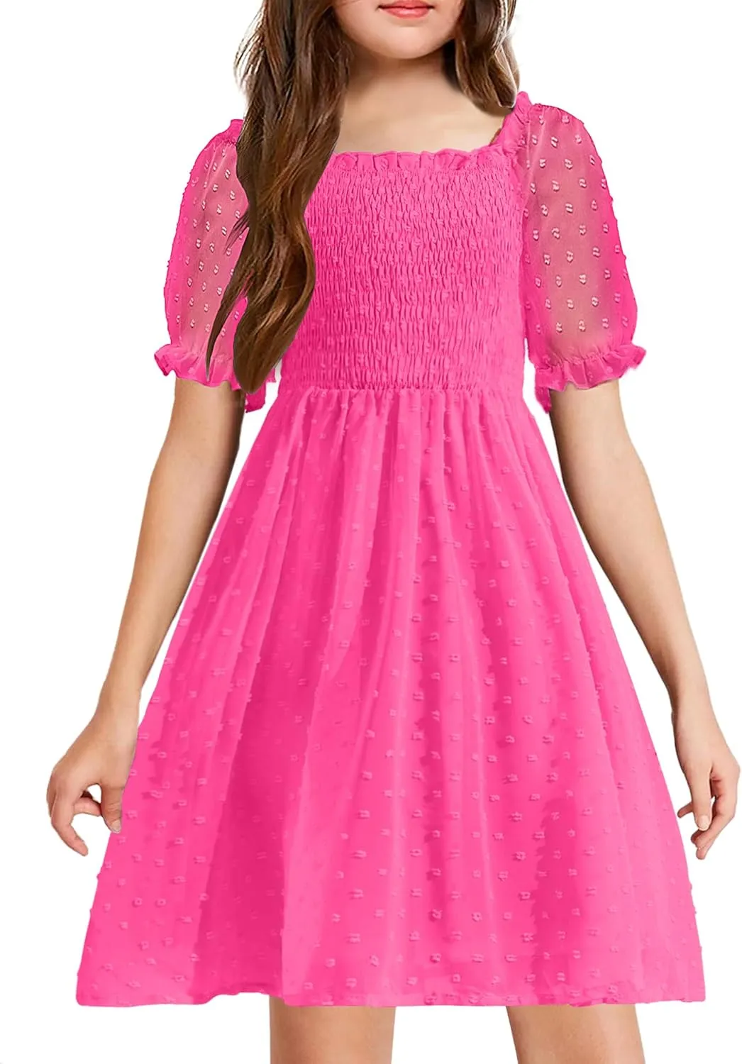 Arshiner Girls Swiss Dot Chiffon Dress Puffy Sleeve Flowy Midi Dresses