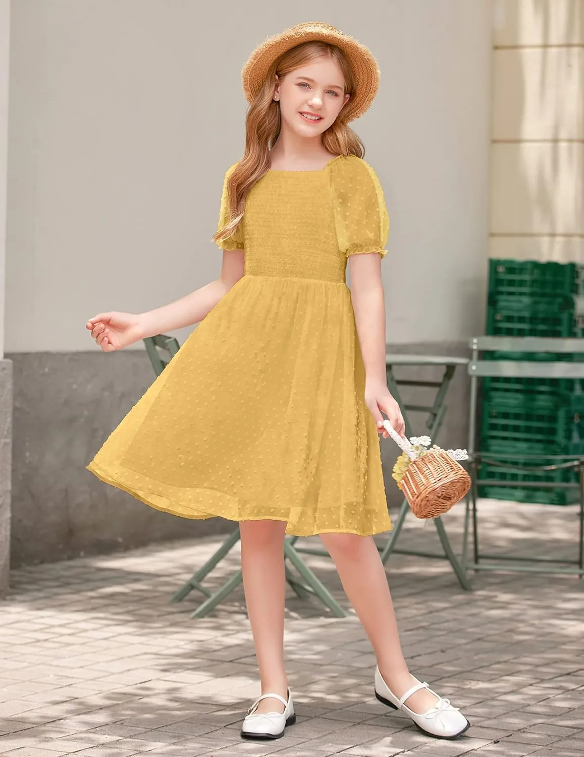 Arshiner Girls Swiss Dot Chiffon Dress Puffy Sleeve Flowy Midi Dresses