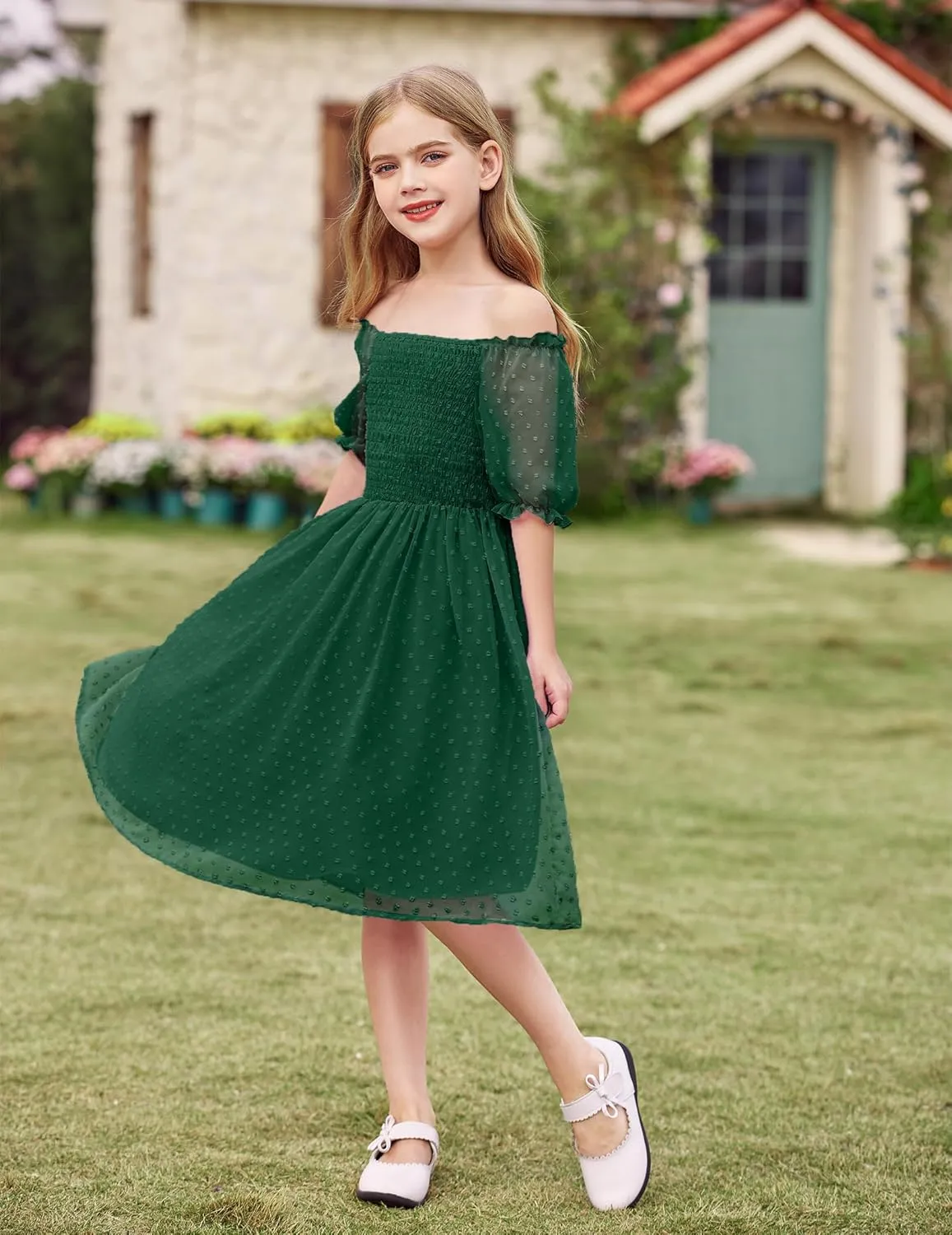 Arshiner Girls Swiss Dot Chiffon Dress Puffy Sleeve Flowy Midi Dresses