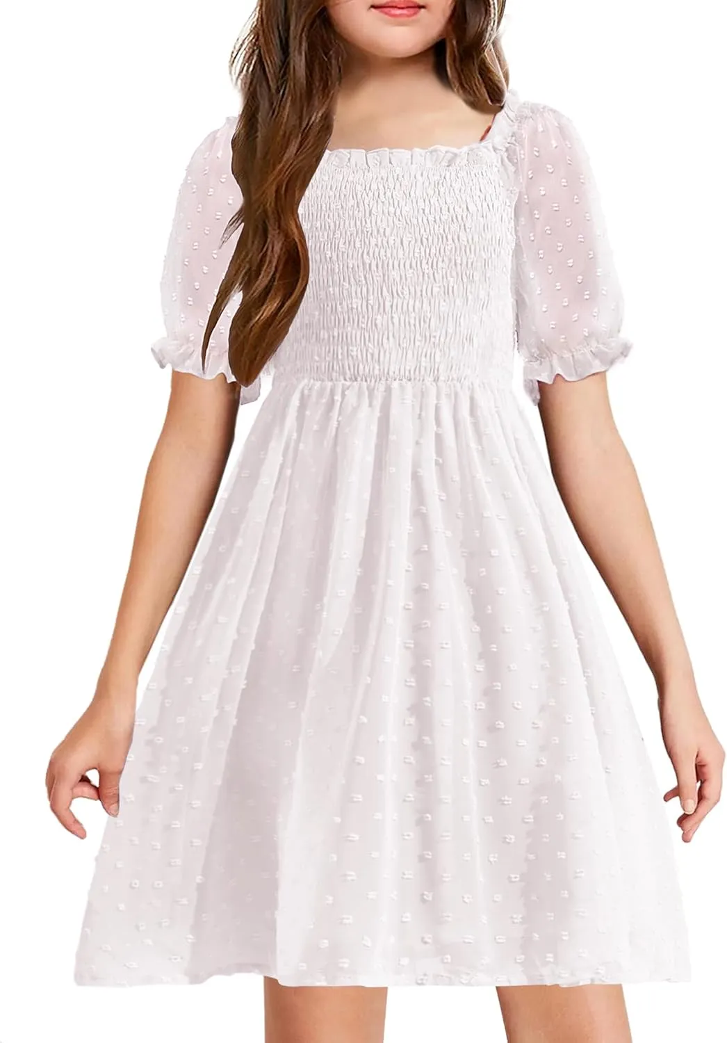 Arshiner Girls Swiss Dot Chiffon Dress Puffy Sleeve Flowy Midi Dresses