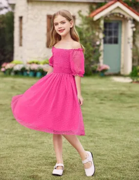 Arshiner Girls Swiss Dot Chiffon Dress Puffy Sleeve Flowy Midi Dresses