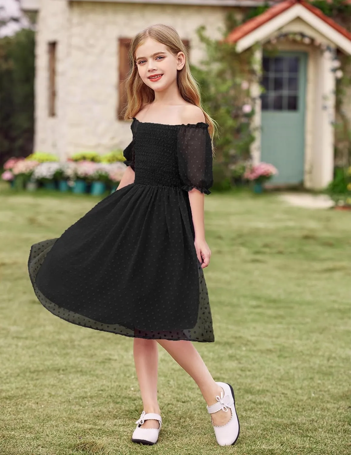 Arshiner Girls Swiss Dot Chiffon Dress Puffy Sleeve Flowy Midi Dresses