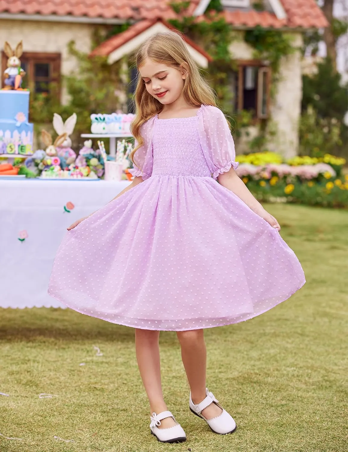 Arshiner Girls Swiss Dot Chiffon Dress Puffy Sleeve Flowy Midi Dresses