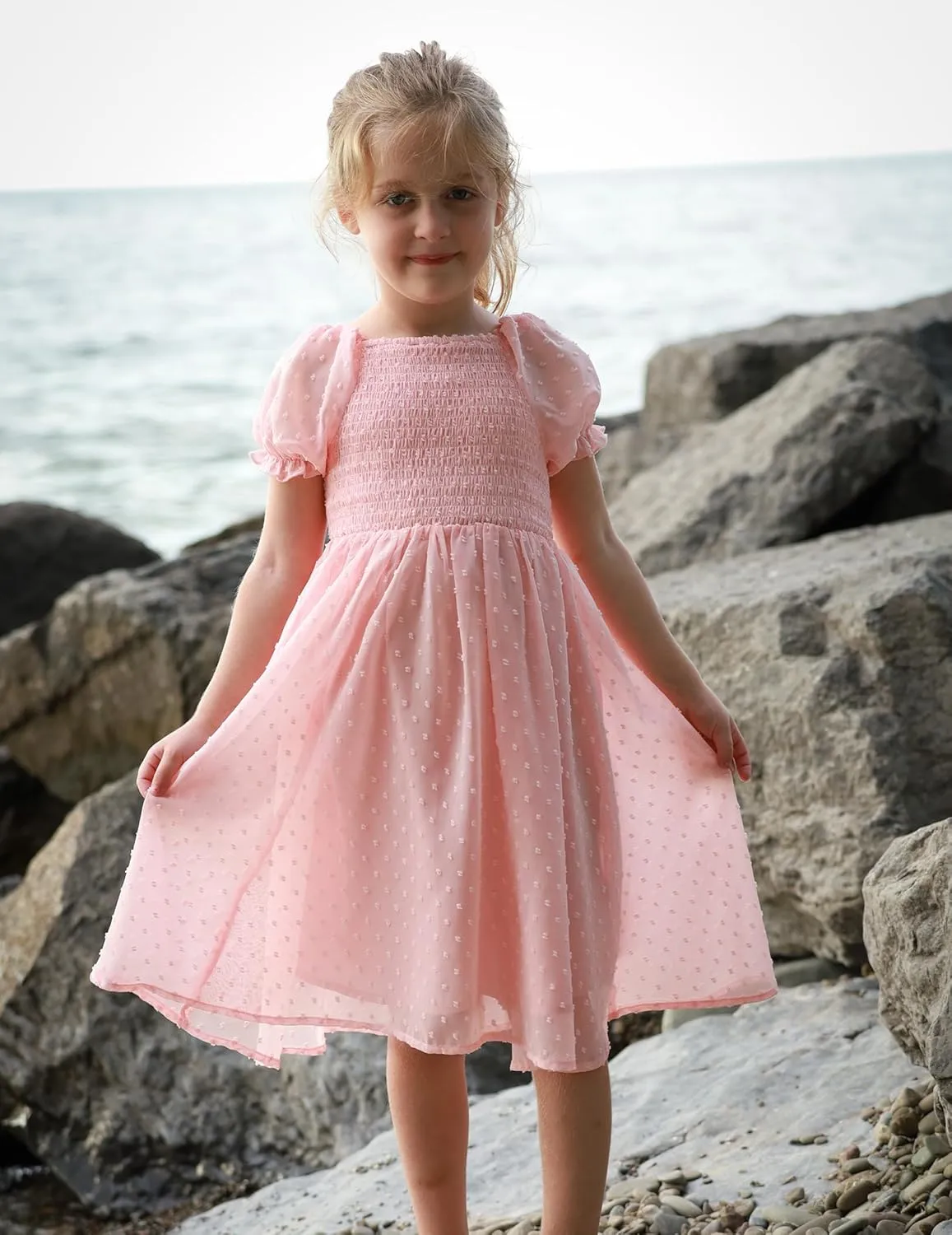 Arshiner Girls Swiss Dot Chiffon Dress Puffy Sleeve Flowy Midi Dresses