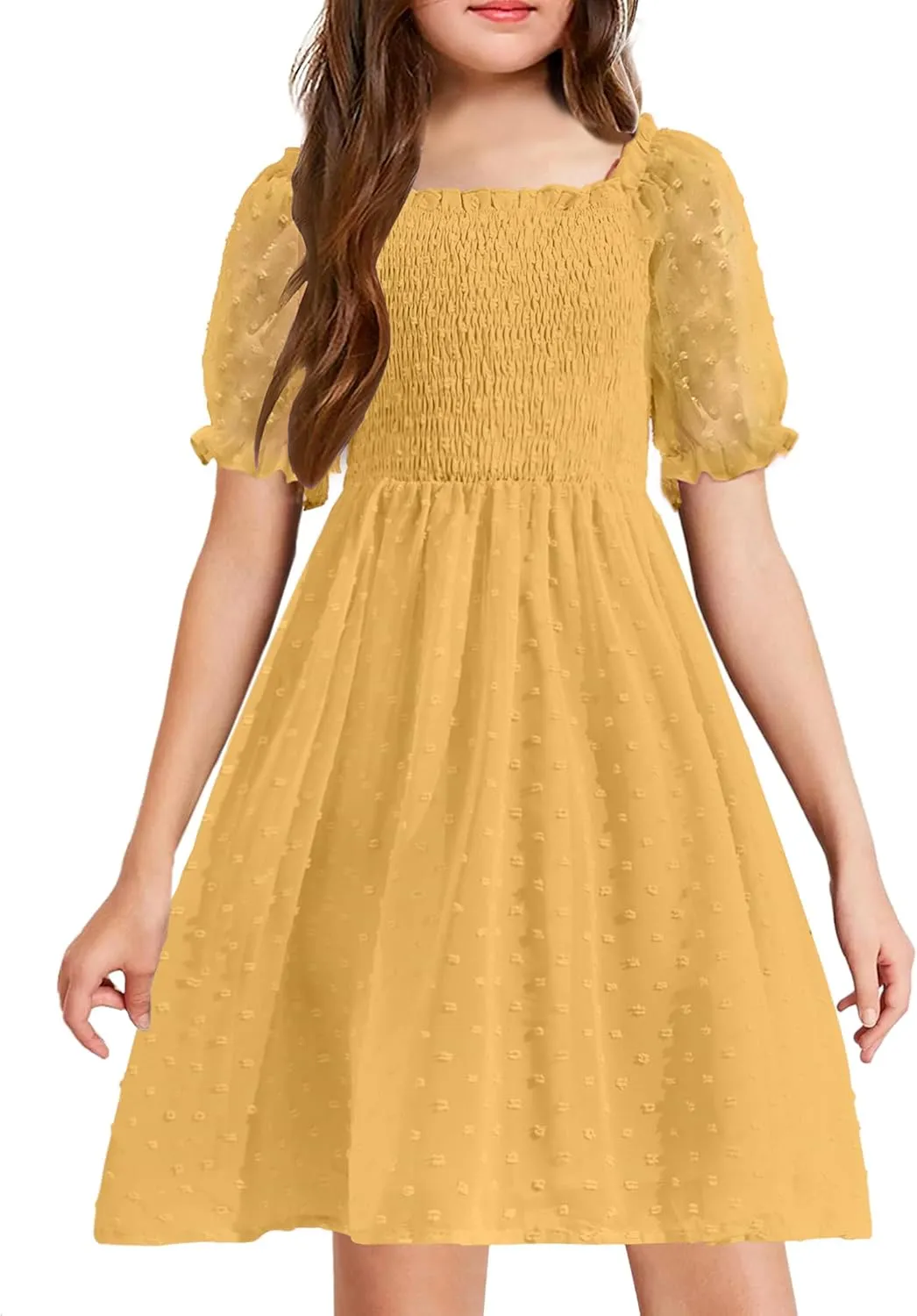 Arshiner Girls Swiss Dot Chiffon Dress Puffy Sleeve Flowy Midi Dresses