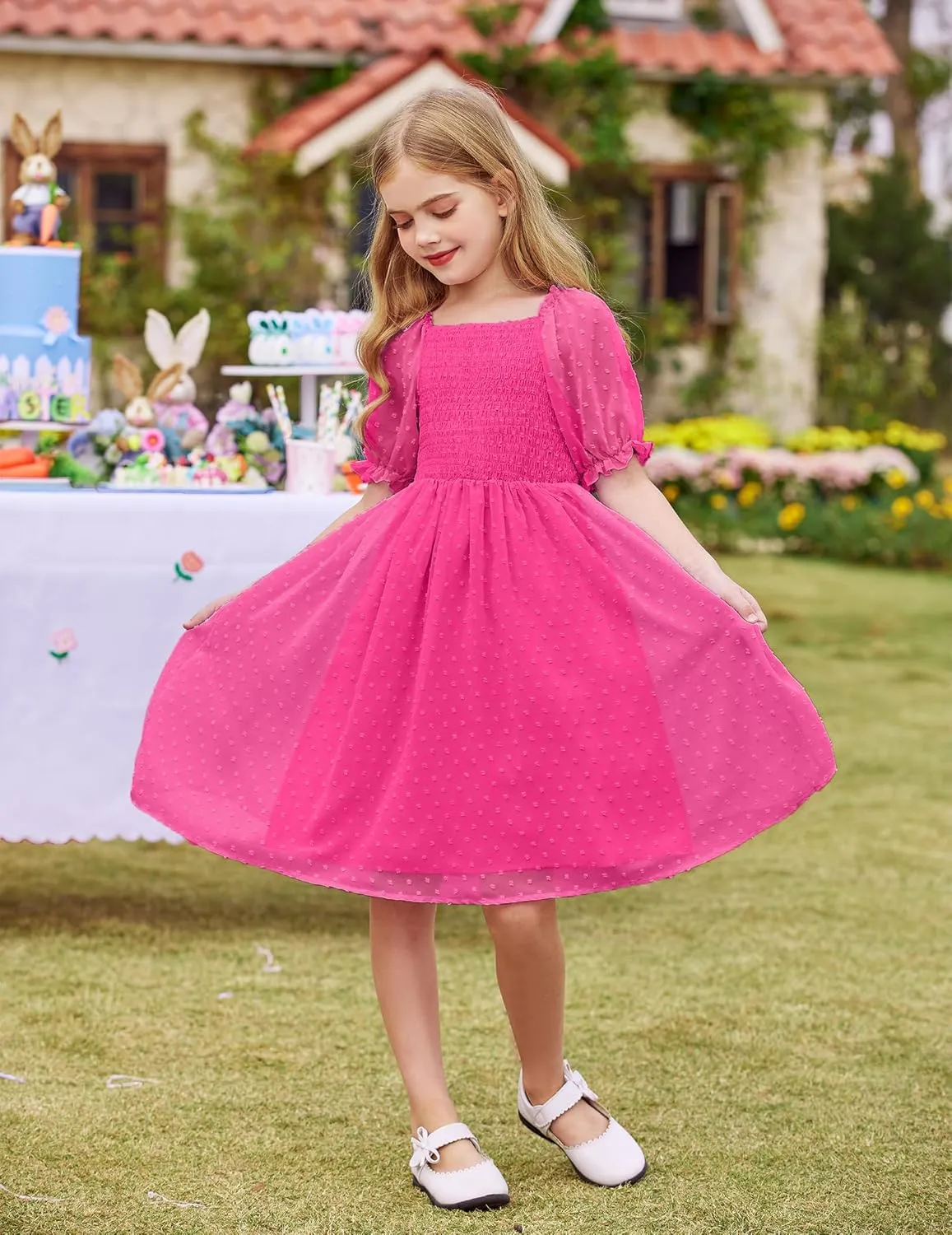 Arshiner Girls Swiss Dot Chiffon Dress Puffy Sleeve Flowy Midi Dresses