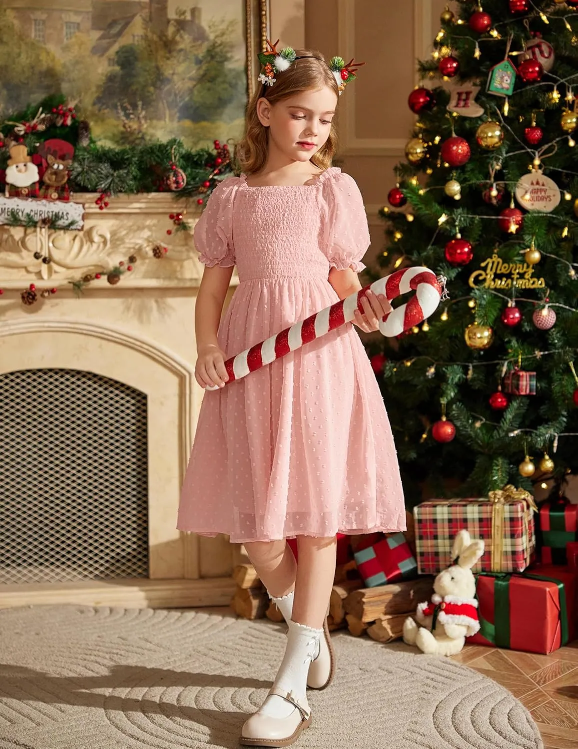 Arshiner Girls Swiss Dot Chiffon Dress Puffy Sleeve Flowy Midi Dresses