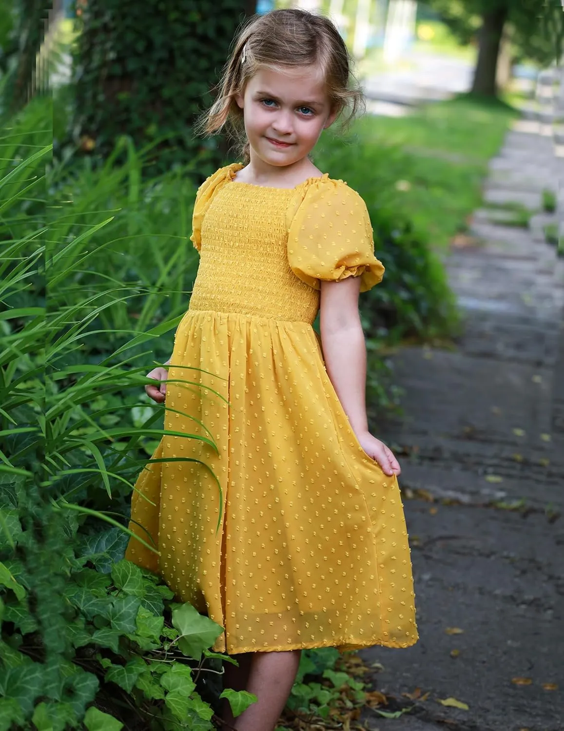 Arshiner Girls Swiss Dot Chiffon Dress Puffy Sleeve Flowy Midi Dresses