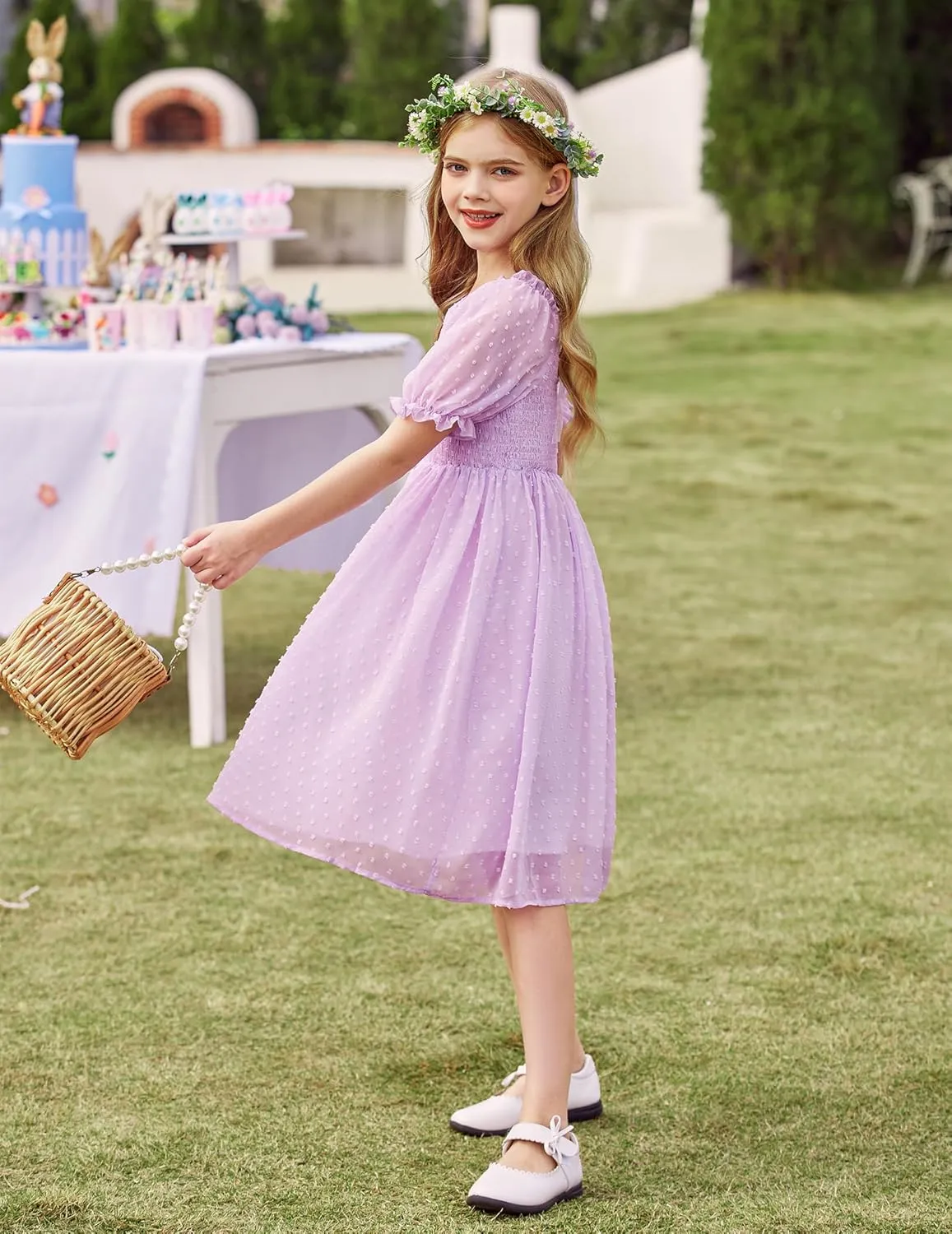 Arshiner Girls Swiss Dot Chiffon Dress Puffy Sleeve Flowy Midi Dresses