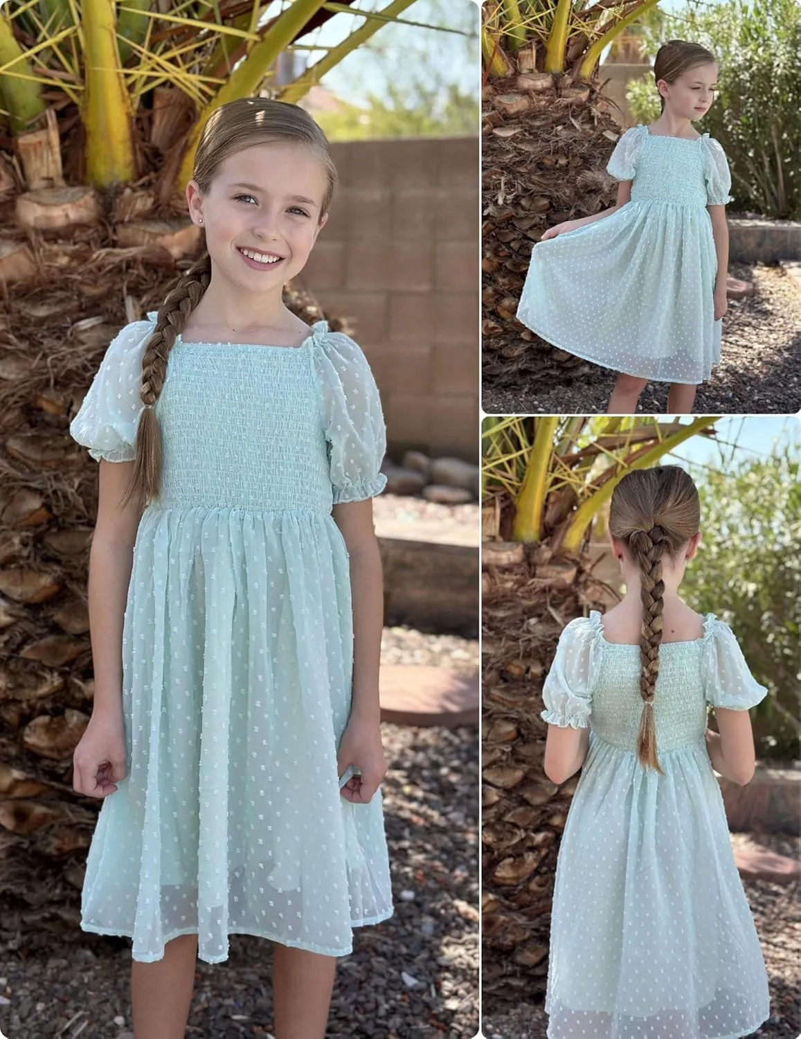 Arshiner Girls Swiss Dot Chiffon Dress Puffy Sleeve Flowy Midi Dresses
