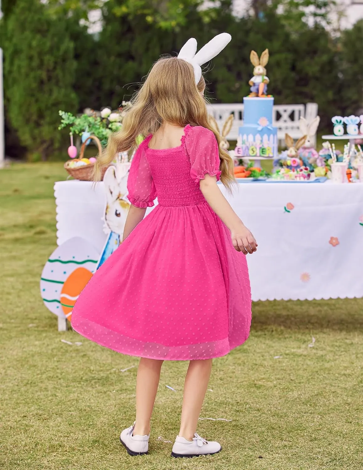 Arshiner Girls Swiss Dot Chiffon Dress Puffy Sleeve Flowy Midi Dresses