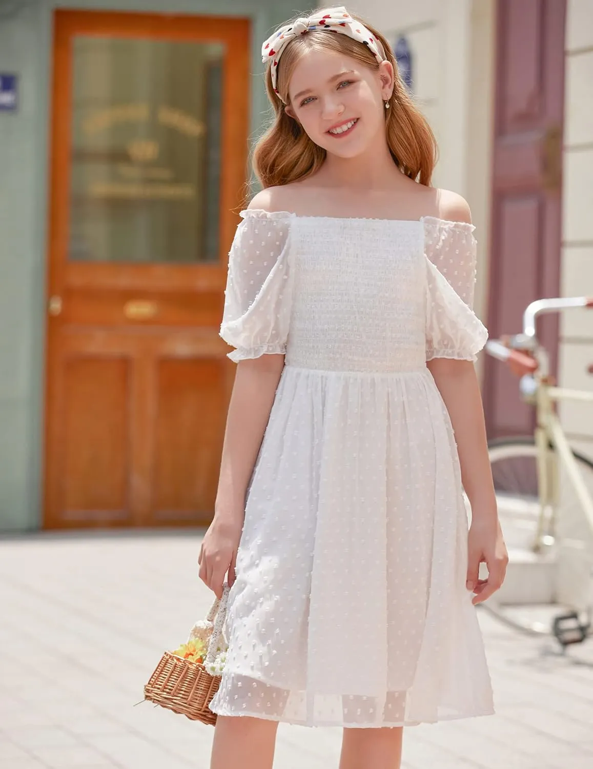 Arshiner Girls Swiss Dot Chiffon Dress Puffy Sleeve Flowy Midi Dresses