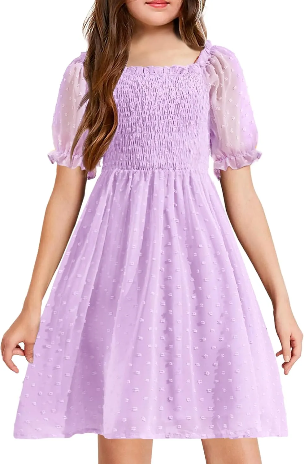 Arshiner Girls Swiss Dot Chiffon Dress Puffy Sleeve Flowy Midi Dresses