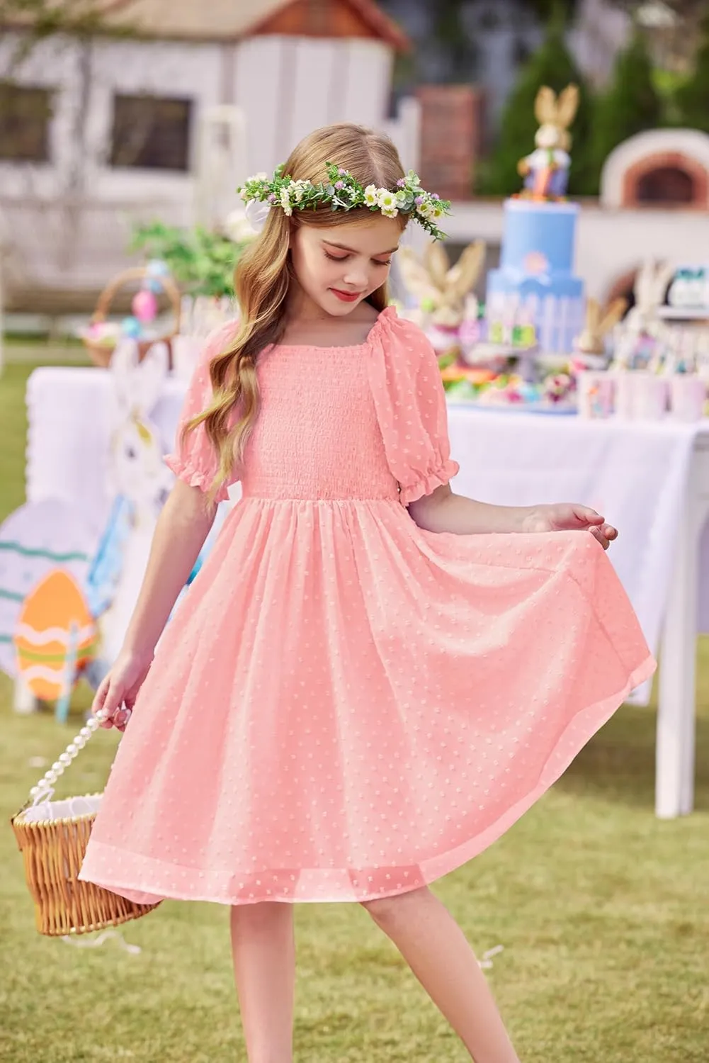 Arshiner Girls Swiss Dot Chiffon Dress Puffy Sleeve Flowy Midi Dresses