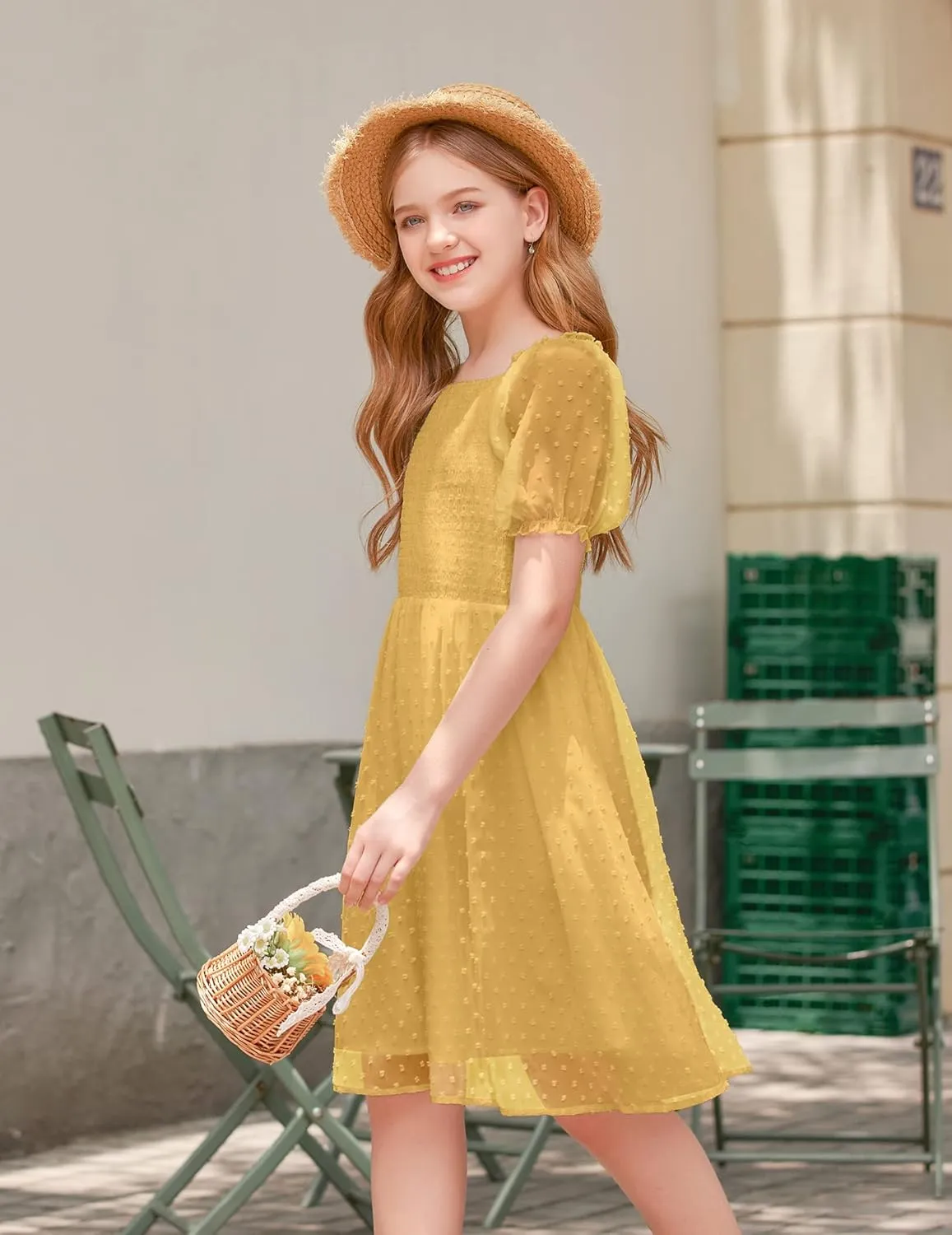 Arshiner Girls Swiss Dot Chiffon Dress Puffy Sleeve Flowy Midi Dresses