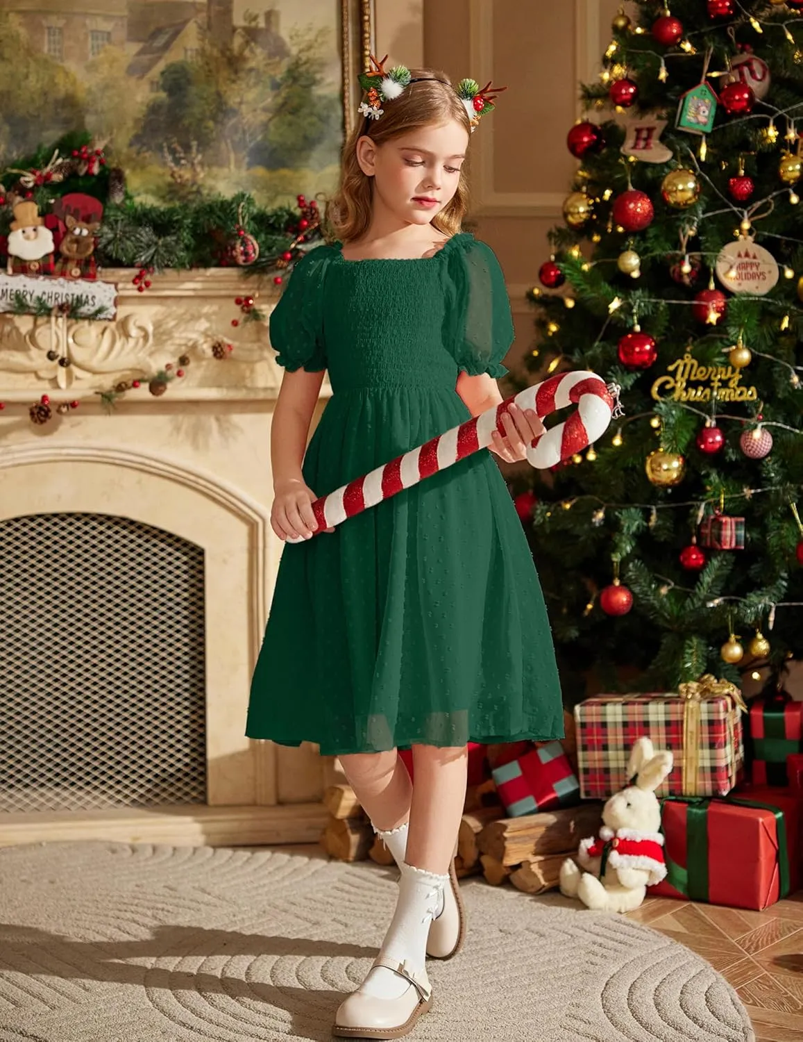 Arshiner Girls Swiss Dot Chiffon Dress Puffy Sleeve Flowy Midi Dresses