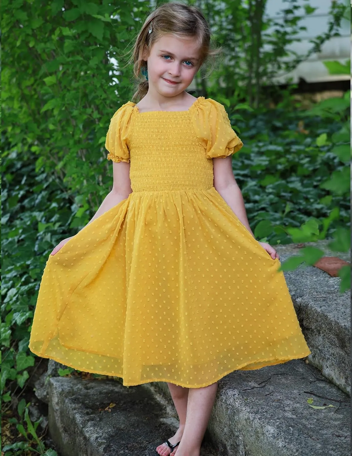 Arshiner Girls Swiss Dot Chiffon Dress Puffy Sleeve Flowy Midi Dresses