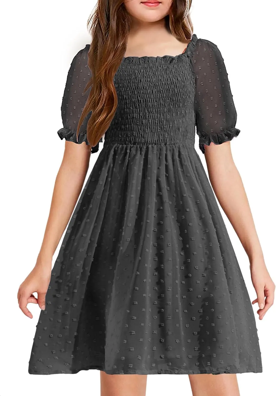 Arshiner Girls Swiss Dot Chiffon Dress Puffy Sleeve Flowy Midi Dresses