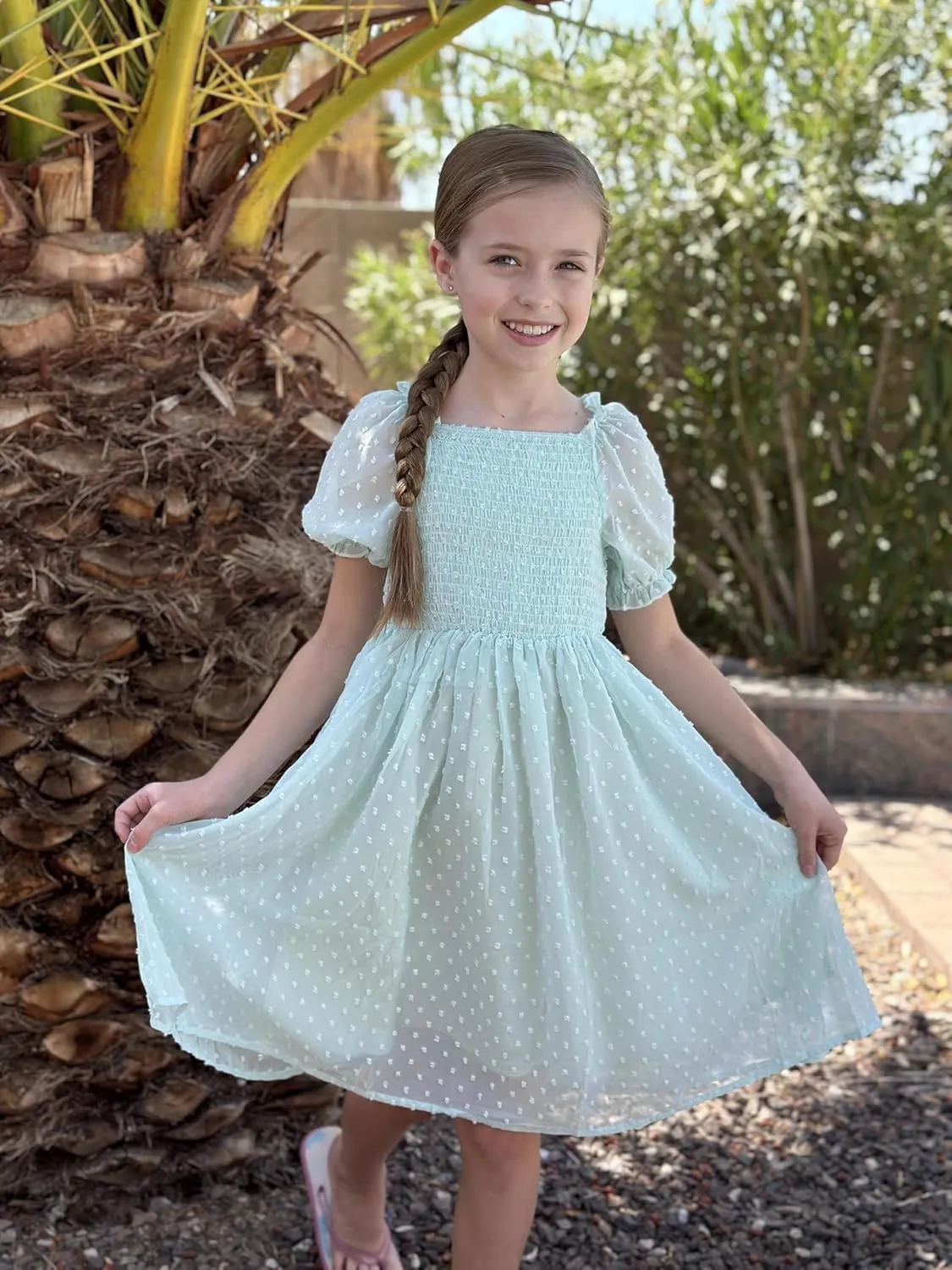 Arshiner Girls Swiss Dot Chiffon Dress Puffy Sleeve Flowy Midi Dresses