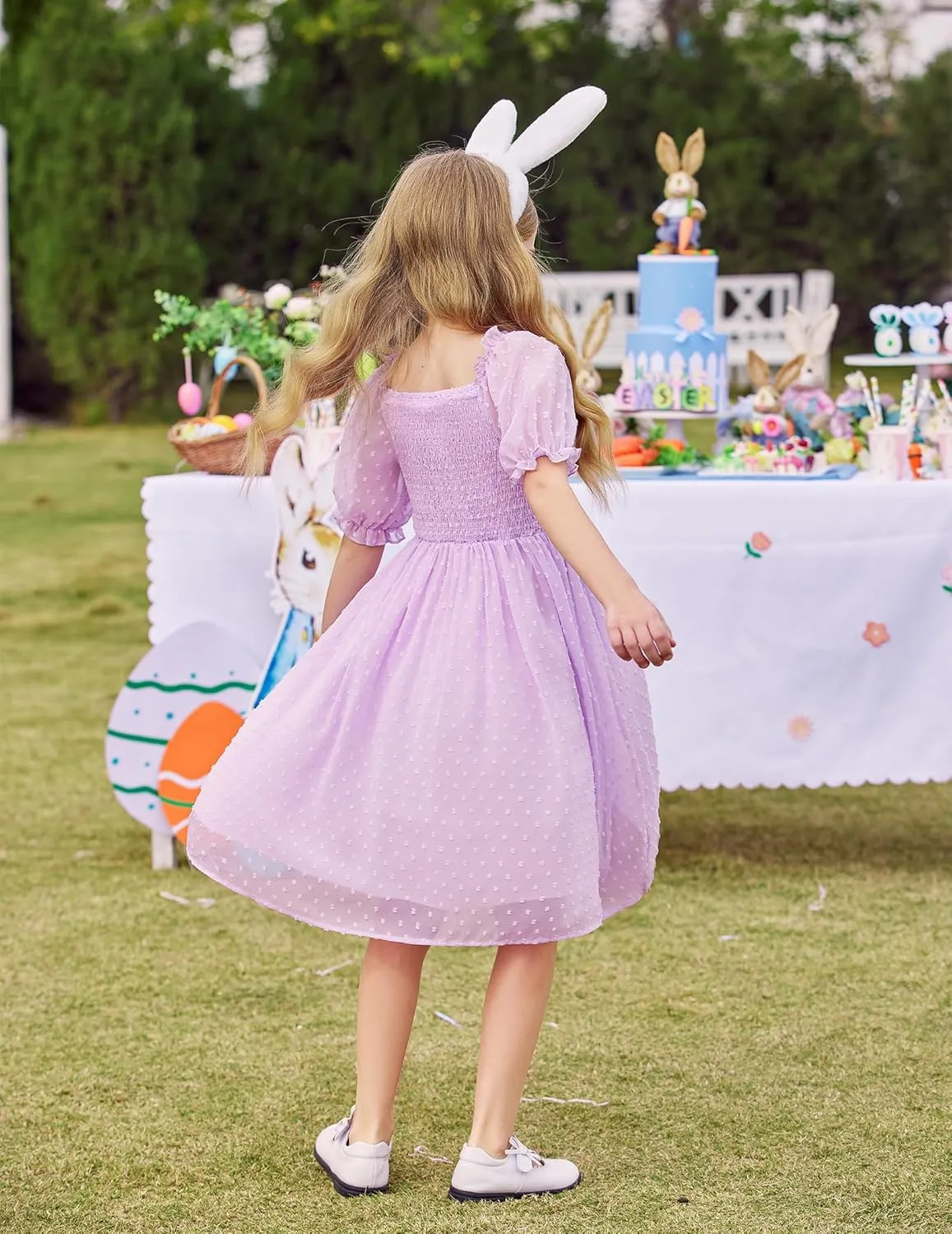 Arshiner Girls Swiss Dot Chiffon Dress Puffy Sleeve Flowy Midi Dresses