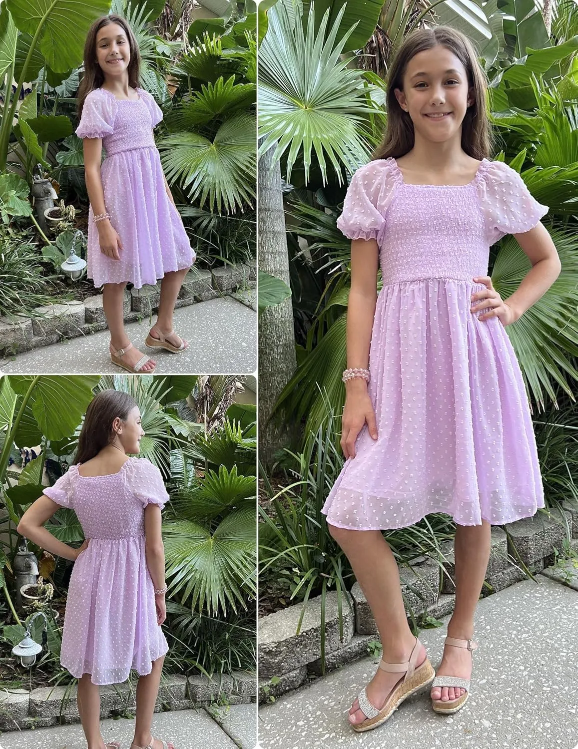 Arshiner Girls Swiss Dot Chiffon Dress Puffy Sleeve Flowy Midi Dresses