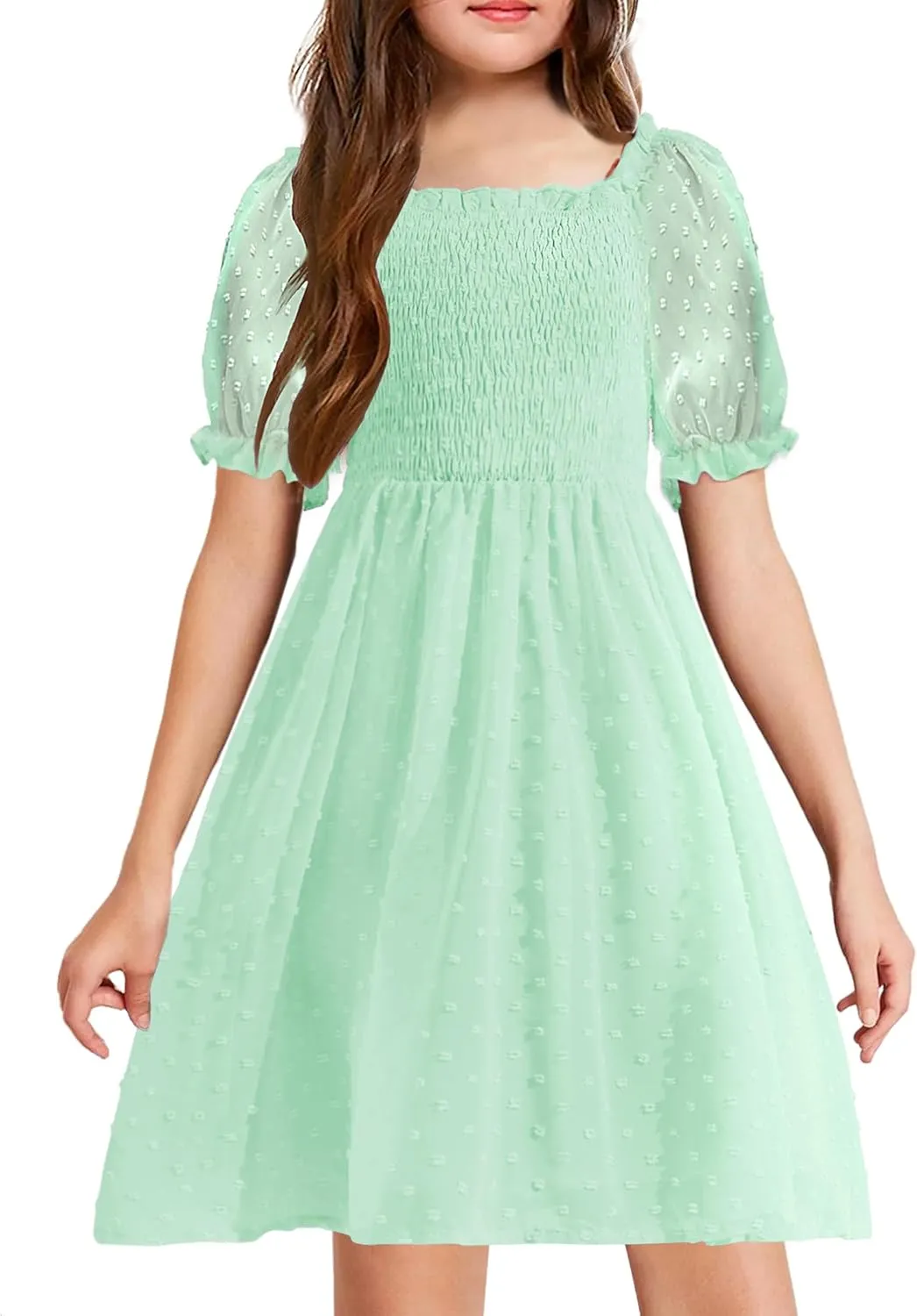 Arshiner Girls Swiss Dot Chiffon Dress Puffy Sleeve Flowy Midi Dresses