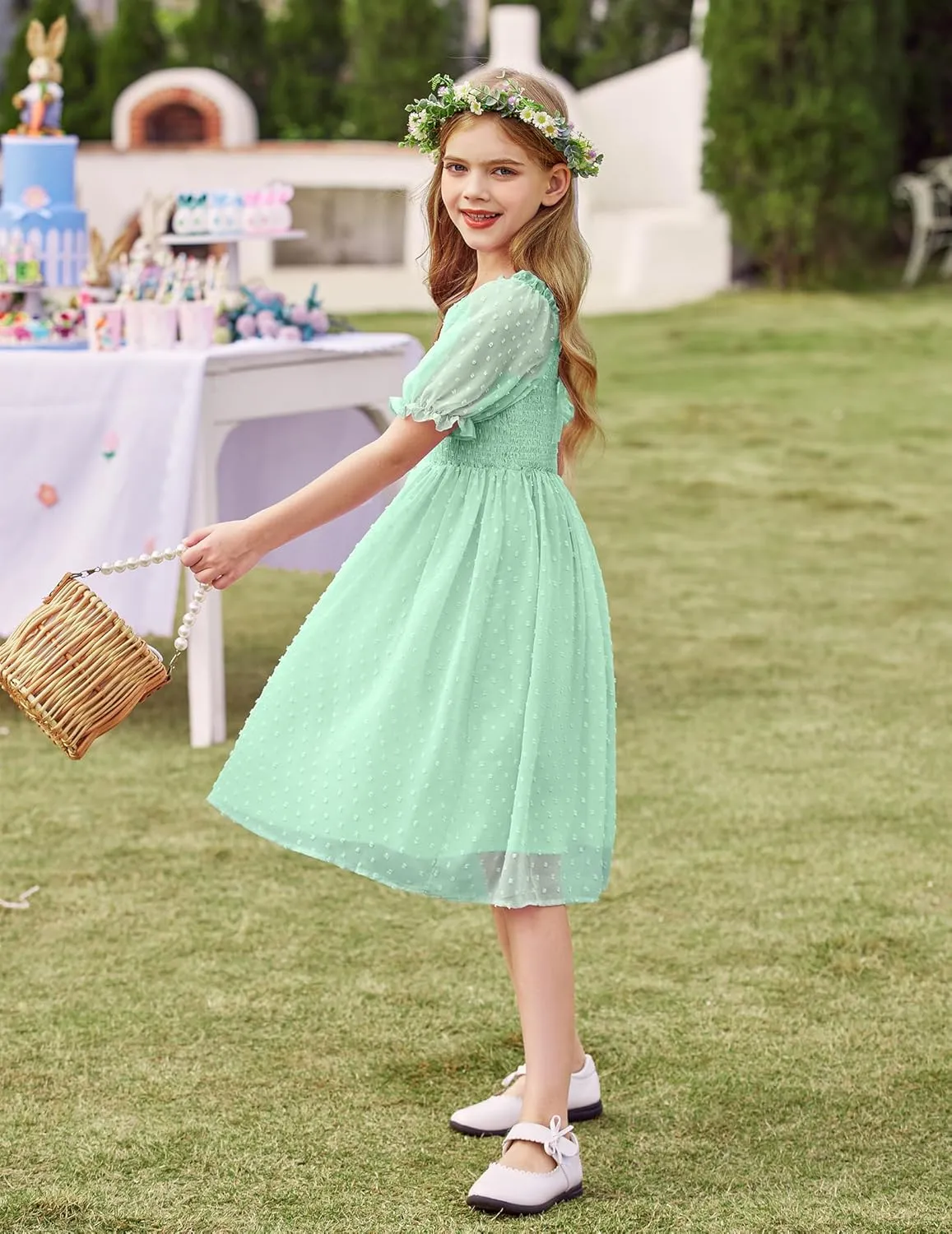 Arshiner Girls Swiss Dot Chiffon Dress Puffy Sleeve Flowy Midi Dresses