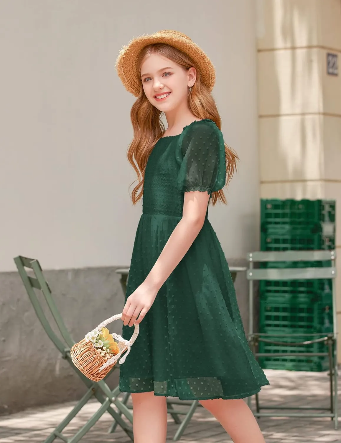 Arshiner Girls Swiss Dot Chiffon Dress Puffy Sleeve Flowy Midi Dresses