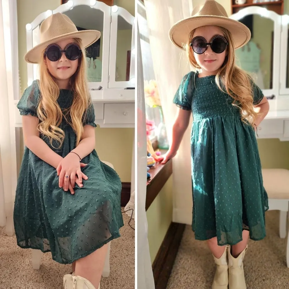 Arshiner Girls Swiss Dot Chiffon Dress Puffy Sleeve Flowy Midi Dresses