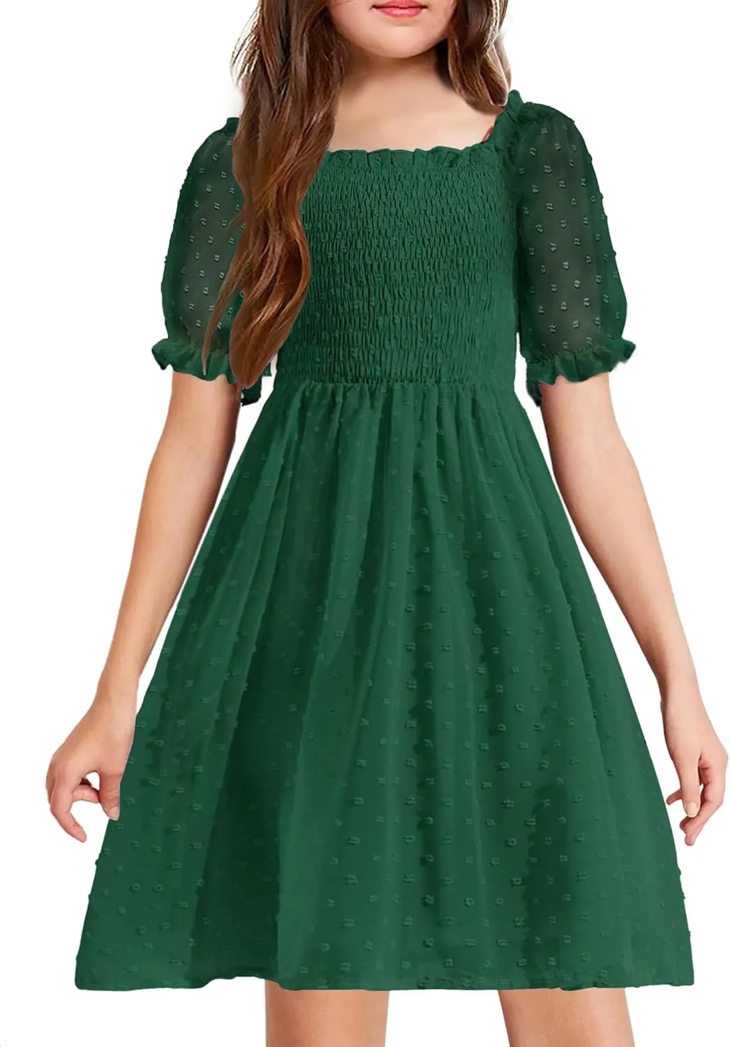 Arshiner Girls Swiss Dot Chiffon Dress Puffy Sleeve Flowy Midi Dresses
