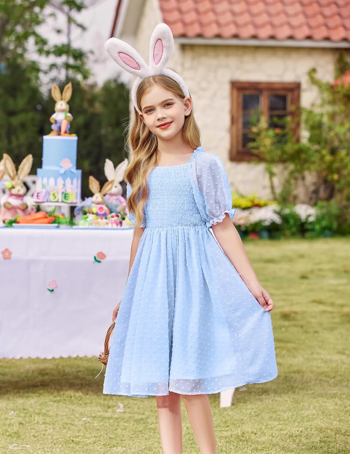 Arshiner Girls Swiss Dot Chiffon Dress Puffy Sleeve Flowy Midi Dresses