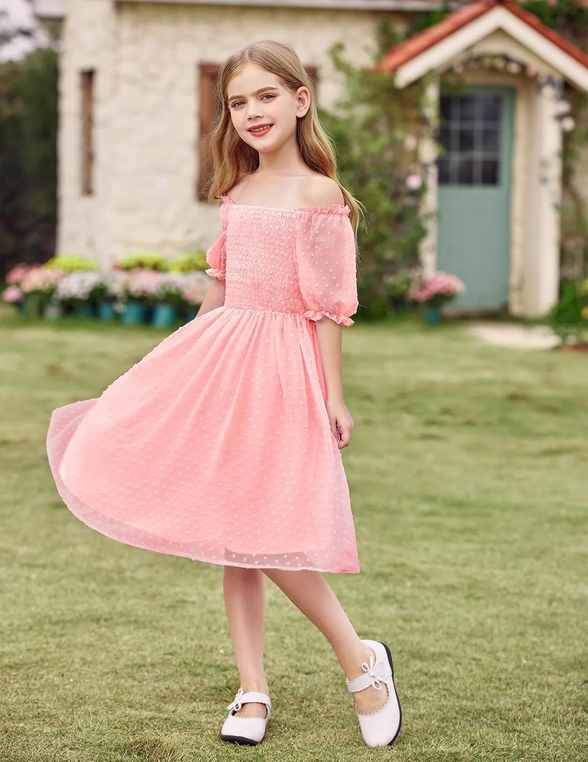 Arshiner Girls Swiss Dot Chiffon Dress Puffy Sleeve Flowy Midi Dresses